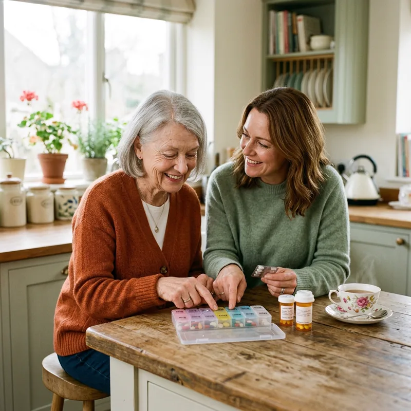A caregiver helping an older woman organize her weekly medications in a bright kitchen