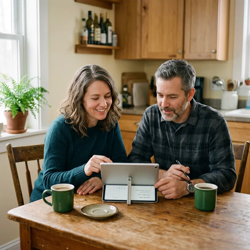 Two adults planning care together over a tablet at a kitchen table