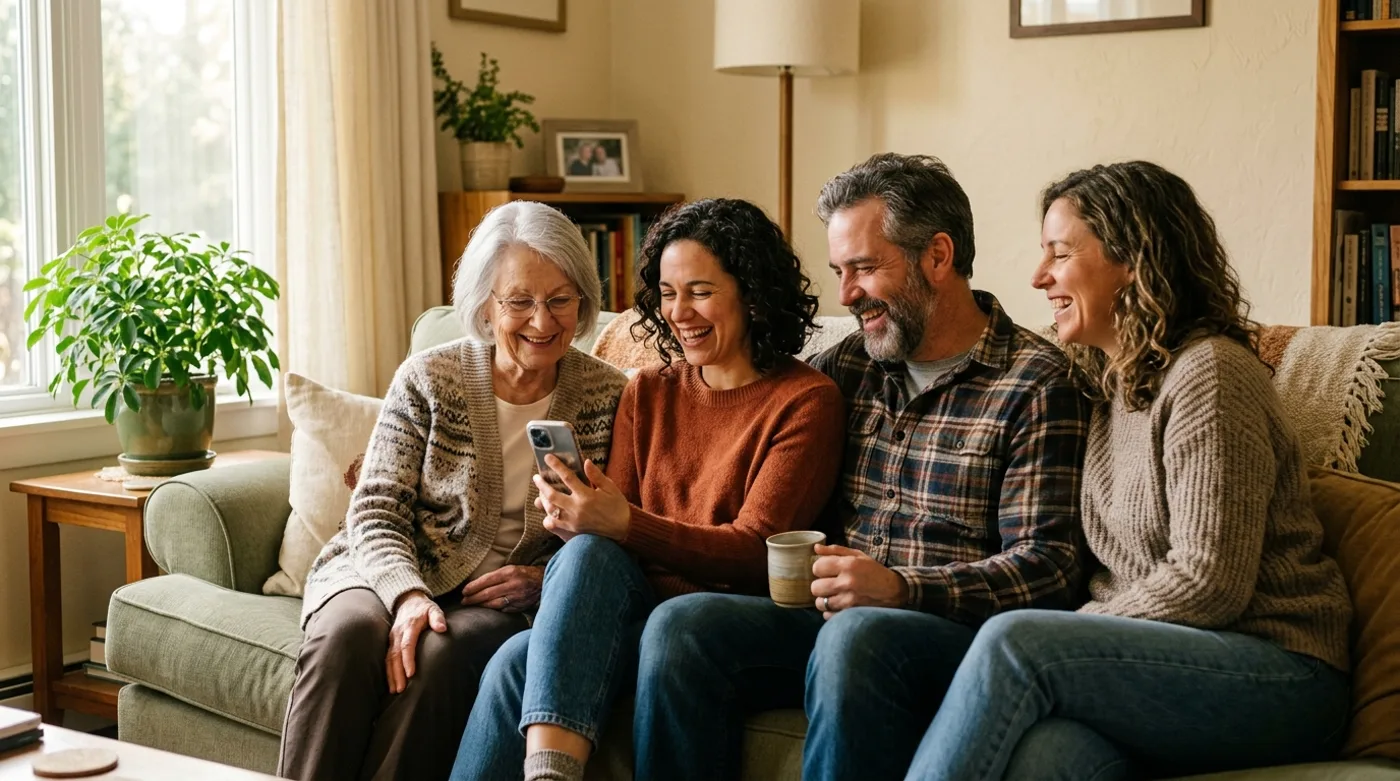 A family gathered on a sofa with their smiling elderly mother, one of them showing her a phone