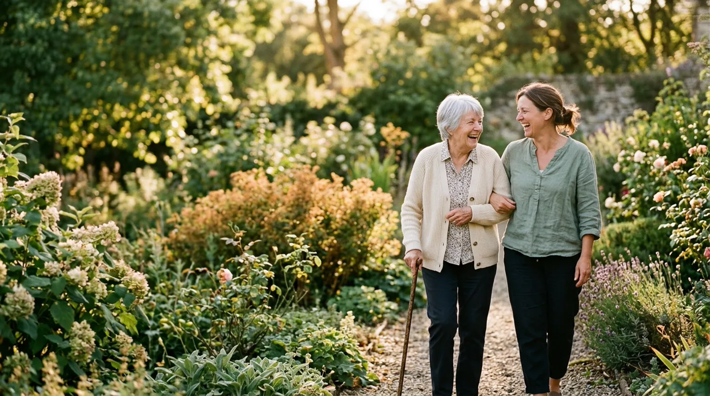 An adult daughter and her elderly mother laughing together in a sunlit garden