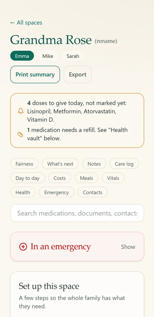 EvenKin care space for Grandma Rose with today’s medication doses and quick tabs