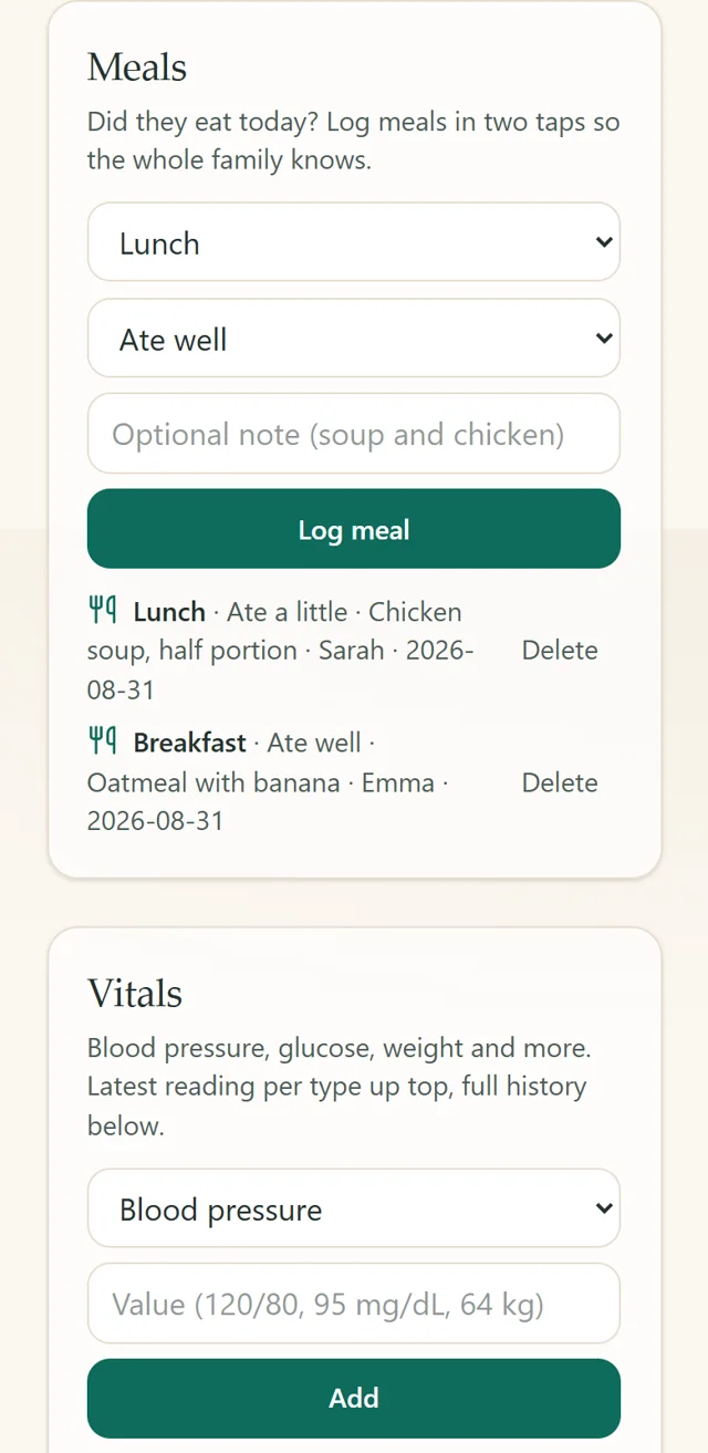 EvenKin meals screen logging breakfast and lunch with appetite