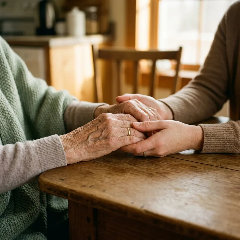 A younger pair of hands gently holding an older person’s hands across a table